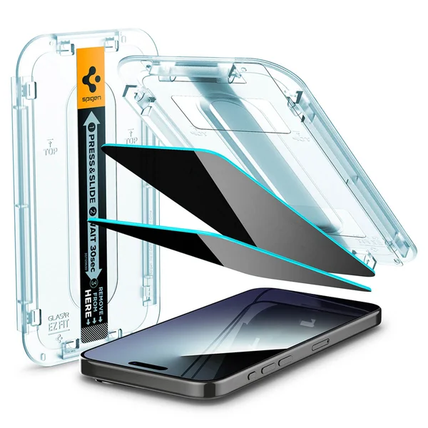 Spigen GLAStR Privacy EZ Fit Screenprotector + Applicator - 2-pack Apple iPhone 15 Pro Spigen GLAStR Privacy EZ Fit Screenprotector + Applicator - 2-pack Apple iPhone 15 Pro